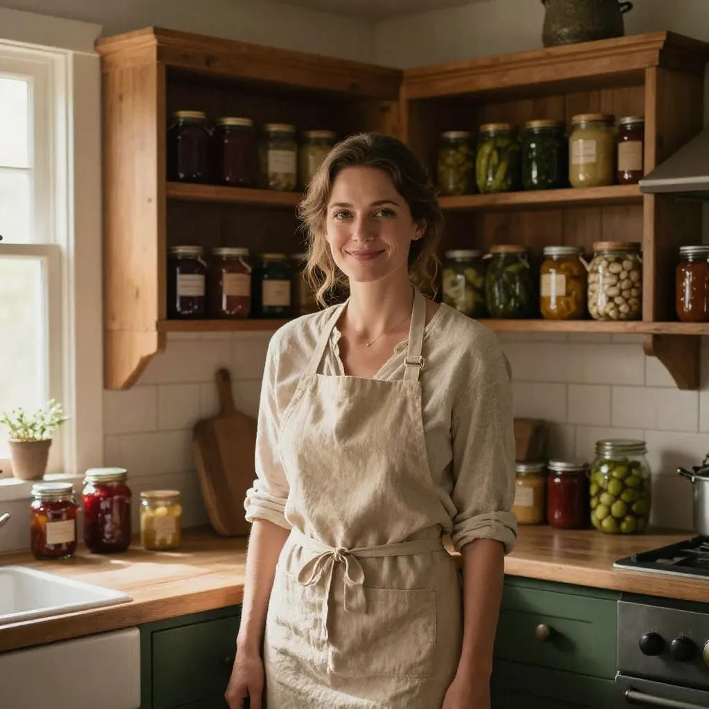 Emma in a cozy pantry kitchen with homemade jams, pickles, and preserved foods.